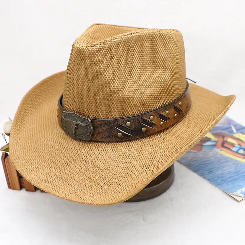 Men's western cowboy hat braided straw spray paint to make old outdoor hat style straw hat_voghion.com
