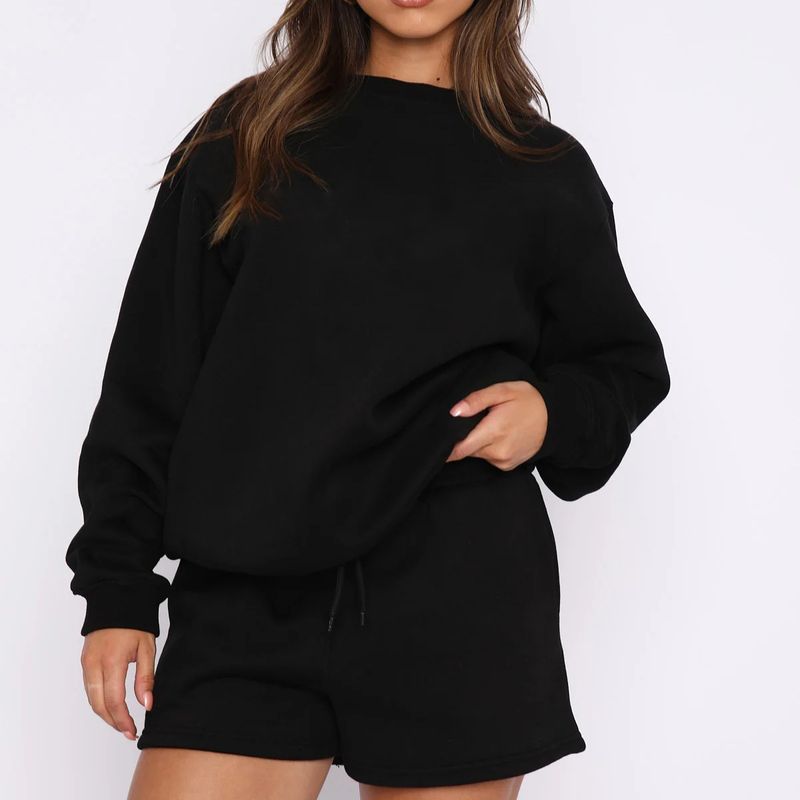   Ensemble sweat-shirt et short à col rond pour femmes, nouveau Style, couleur unie, ample et polyvalent, décontracté_voghion.com