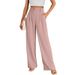 Calça social feminina de cintura alta e pernas largas para trabalho e escritório - Calças casuais confortáveis para negócios com bolsos, tecido de poliéster, sem elasticidade_voghion.com