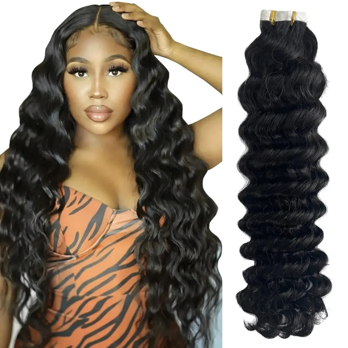 Deep Water Wave Tape In Hair Extensions 50g Human Hair 100% Remy Seamless Skin Weft_voghion.com
