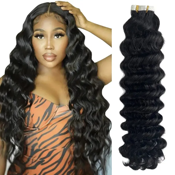 Deep Water Wave Tape In Hair Extensions 50g Human Hair 100% Remy Seamless Skin Weft_voghion.com
