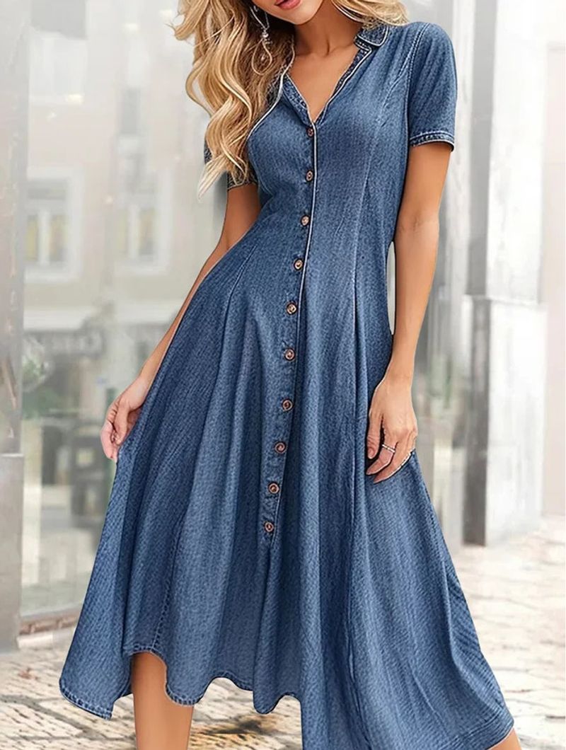 Damenbekleidung Neues Sommer-Jeanskleid mit kurzen Ärmeln und V-Ausschnitt_voghion.com