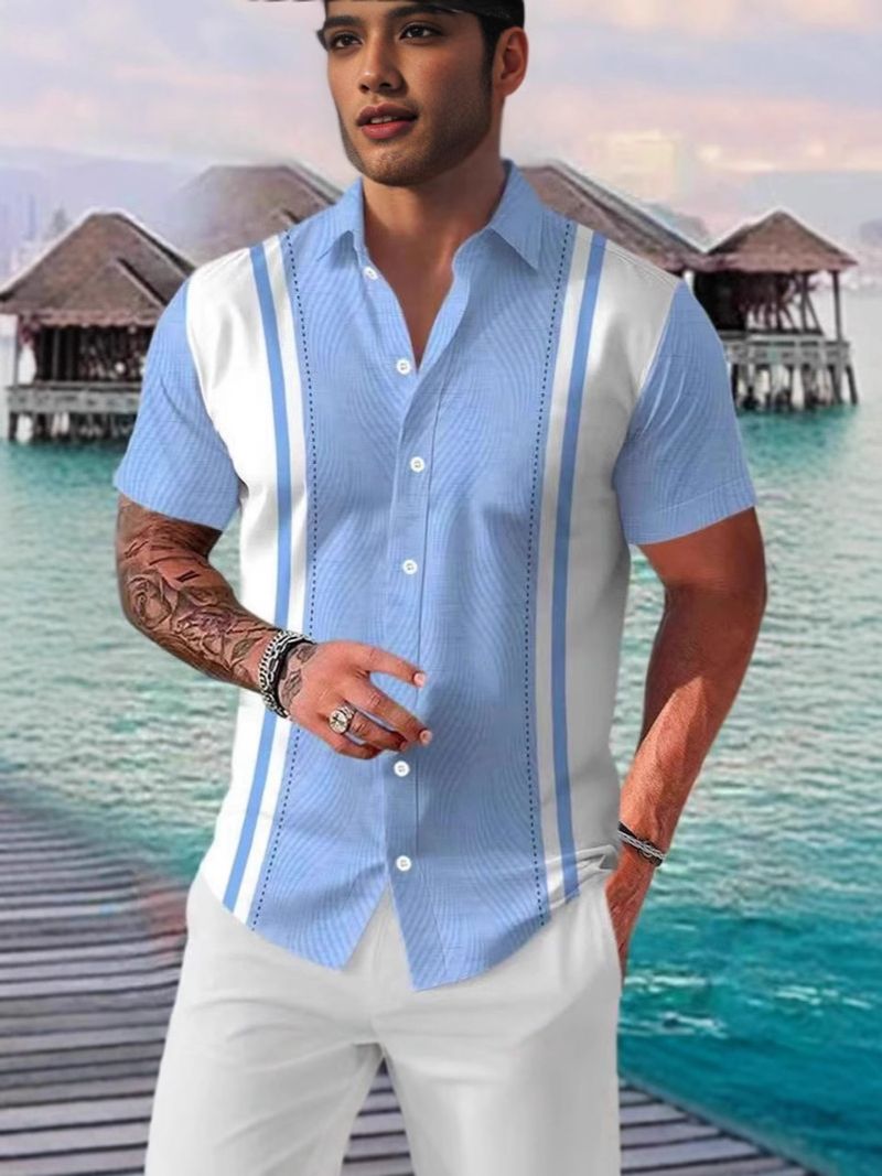 Herrenbekleidung Dünnes, atmungsaktives, bedrucktes, gestreiftes Kurzarmhemd für den Strand und die Freizeit_voghion.com