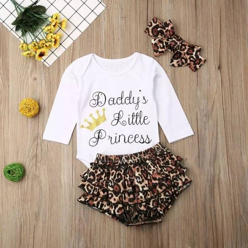 Kinderkleidung Frühling und Herbst Neue Produkte Kinder Baby Langarm-Strampler + Shorts mit Leopardenmuster + Kopfschmuck-Set_voghion.com
