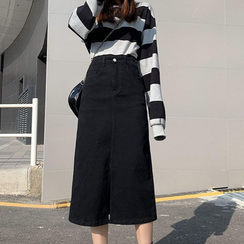 Jupe élastique pour femme, nouvelle jupe en jean fendue sur le devant, ample, amincissante, grande taille, taille haute, coupe trapèze_voghion.com