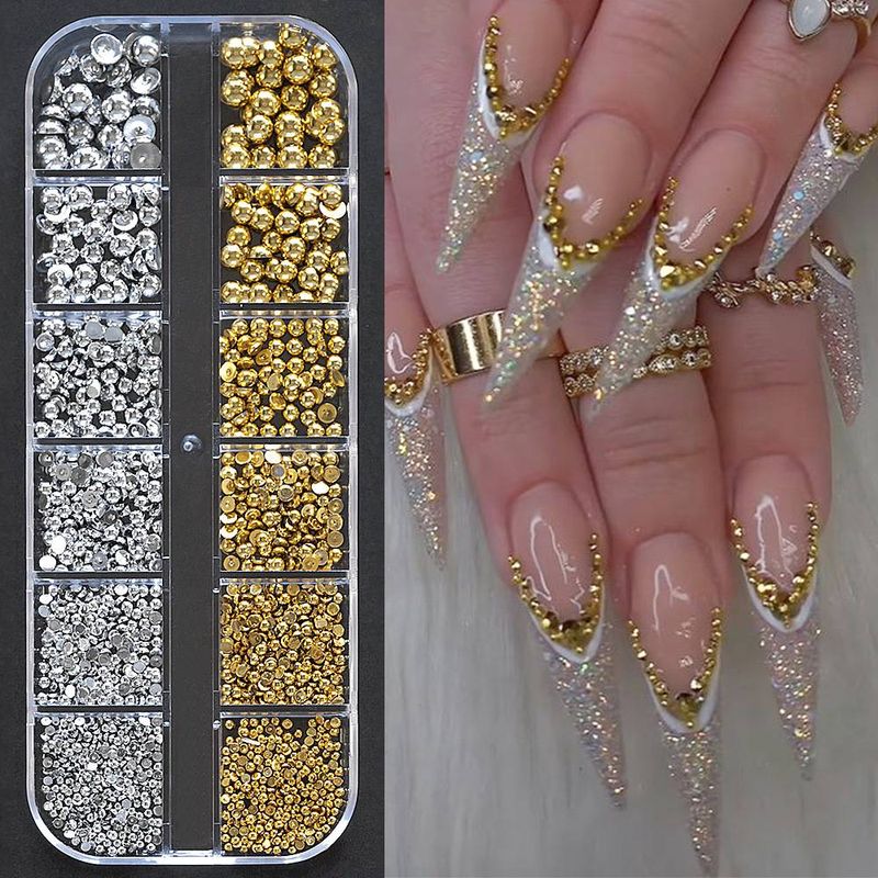 12-grid Mixed Gold And Silver Half-round Pearl Nail Art Kit With Stars And Moons Metal Decorations, Perfect For Nail Decoration Accessories_voghion.com