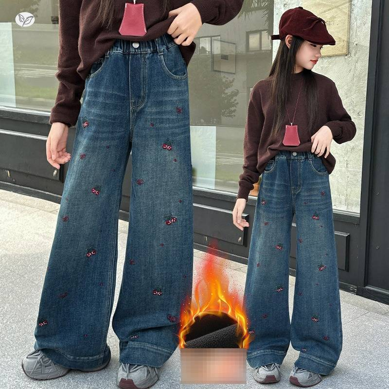 Jean évasé brodé pour filles avec doublure polaire – Pantalon d'hiver tendance à jambes larges et taille haute pour préadolescentes (120-170 cm, motif cerises)_voghion.com