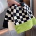 Bonnet tricoté en damier, automne et hiver, écriture féminine, chapeau en laine vert petite herbe, grosse tête, demi-doigt, niche_voghion.com
