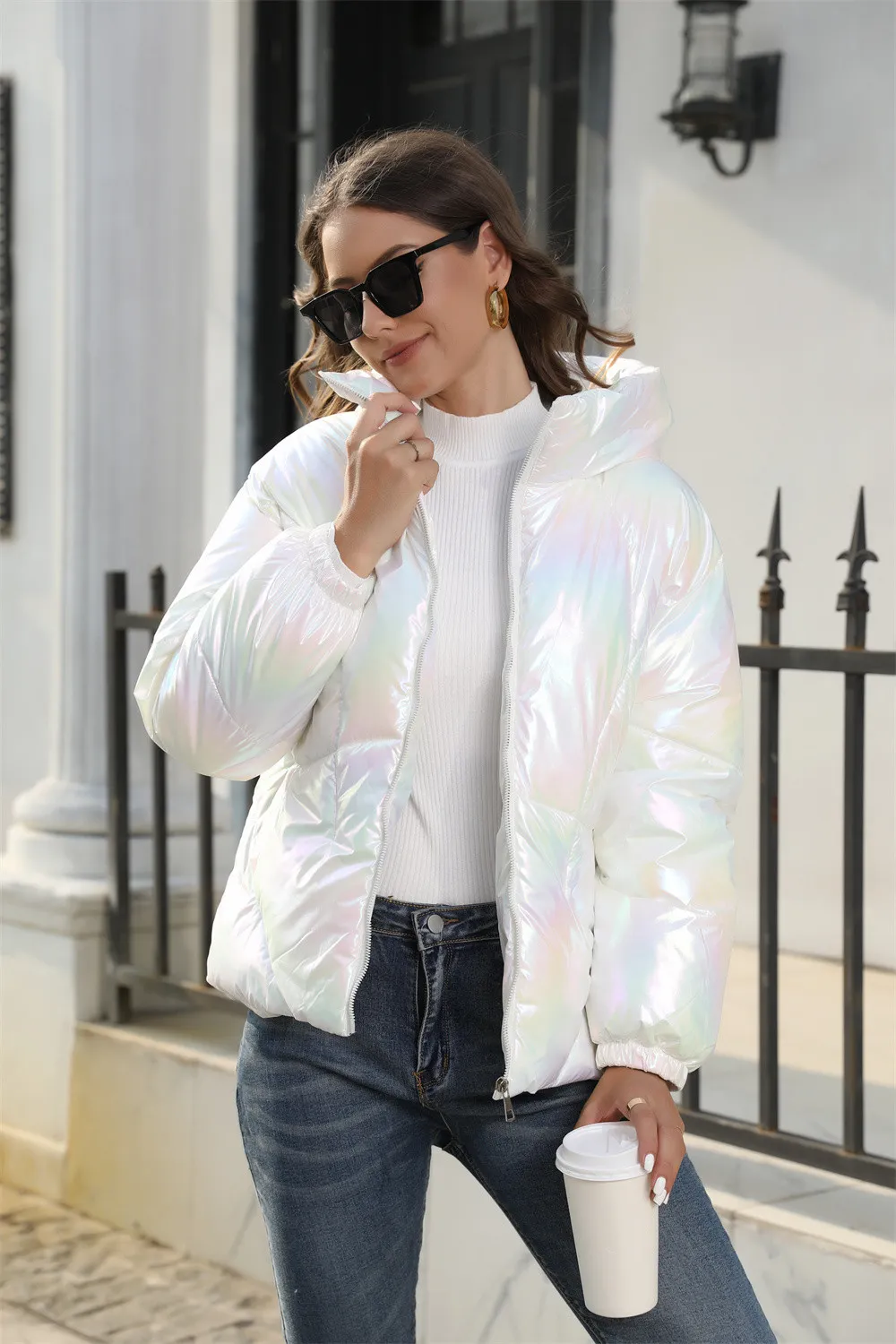Fashionable bright cotton jacket hooded bread jacket warm cotton jacket_voghion.com