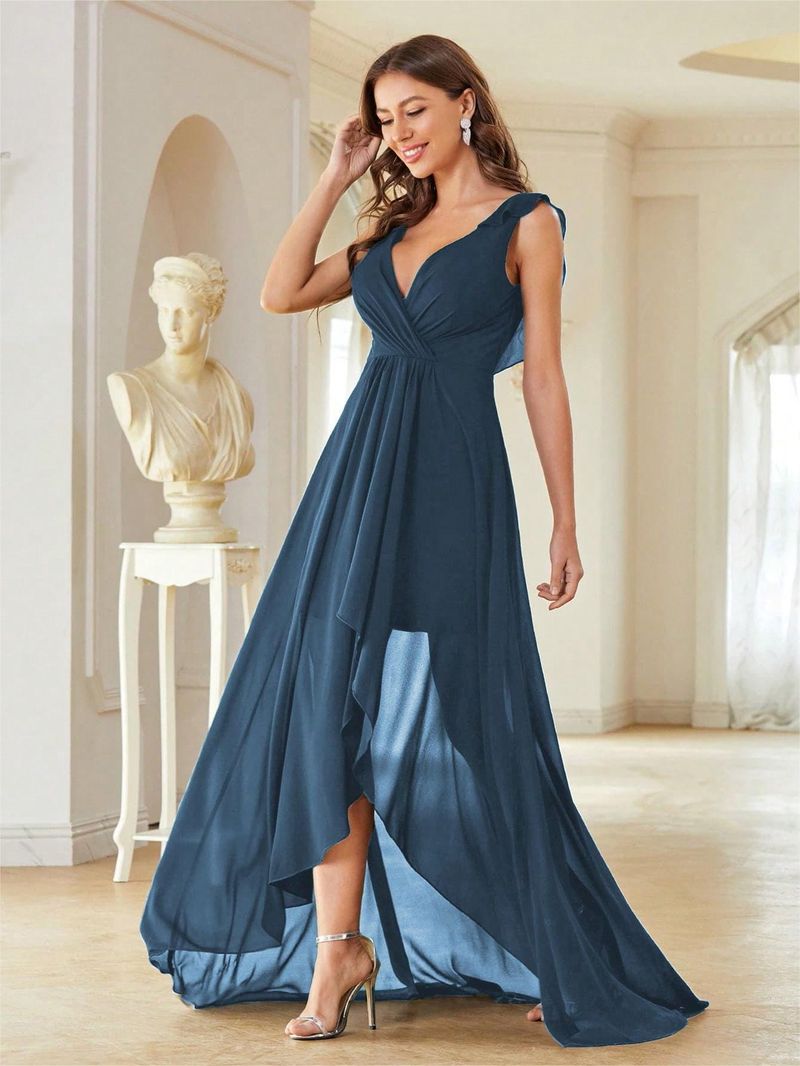 Damen V-Ausschnëtt Chiffon Büste Geplisséiert Récklos Oweskleed Ballkleed Partykleed Brautjungferkleed_voghion.com