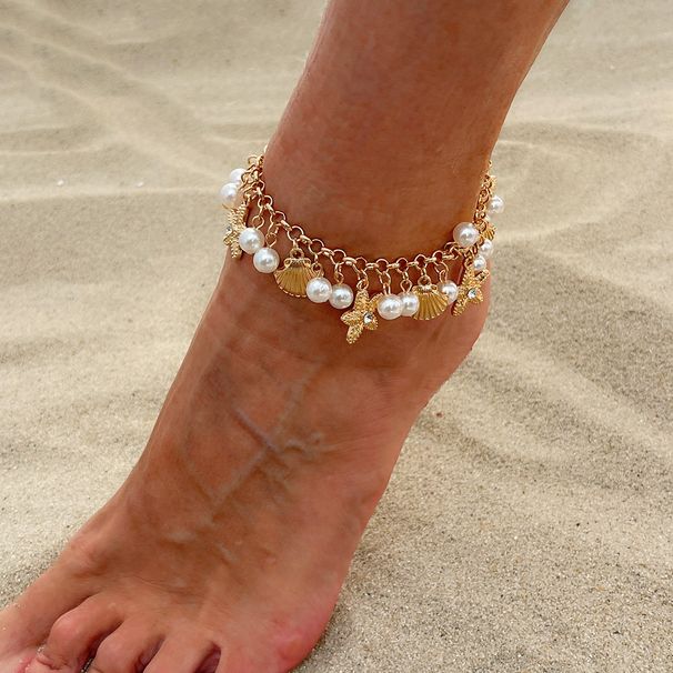 Neue Damen Schmuck Strand Urlaub Seestern Anhänger Fußkettchen Einfache Perle Perlen Mehrschicht Fuß Zubehör_voghion.com