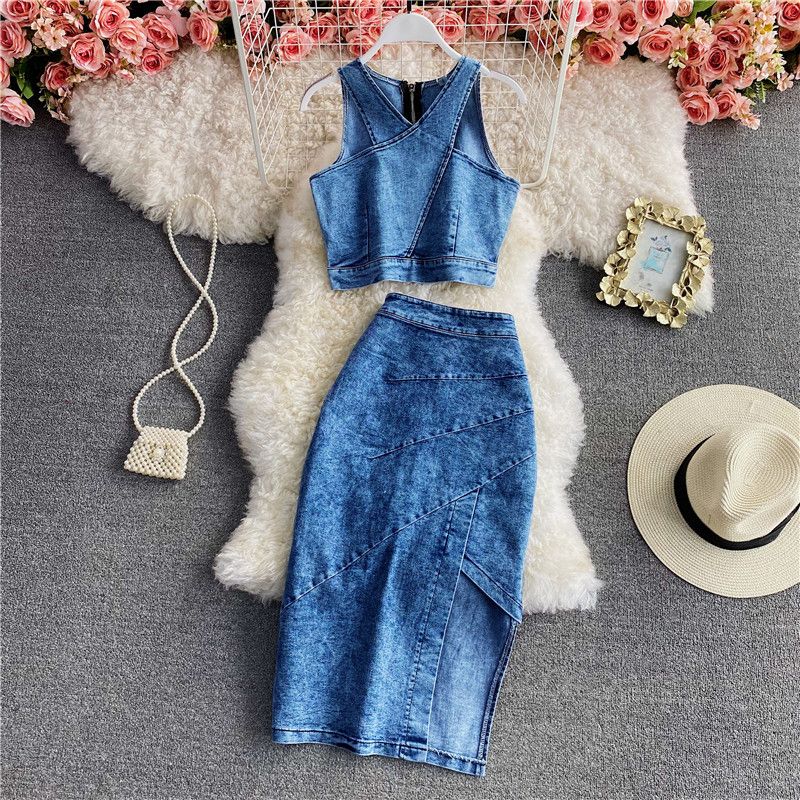 Abbigliamento da donna Primavera Nuovo Slim Fit Cerniera Corto Denim Canotta Due Pezzi Completo_voghion.com