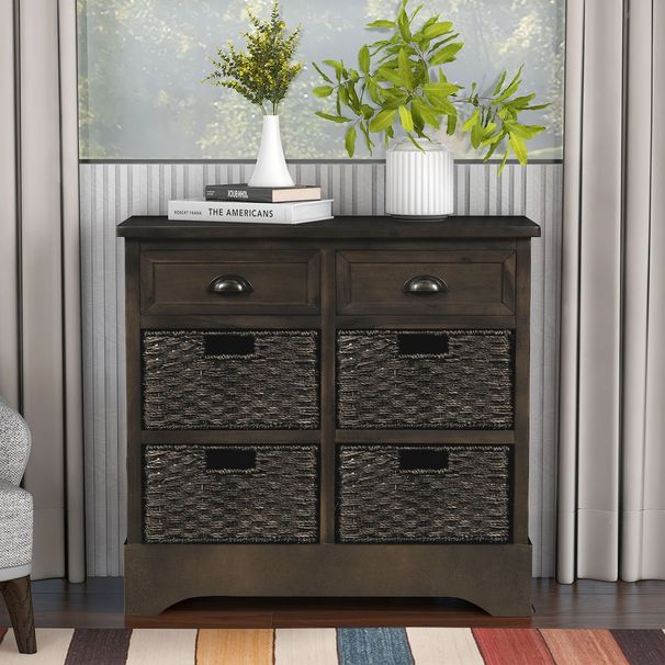 Rustic Storage Cabinet With Two Drawers And Four Classic Rattan Basket For Dining Room/Entryway/Living Room_voghion.com
