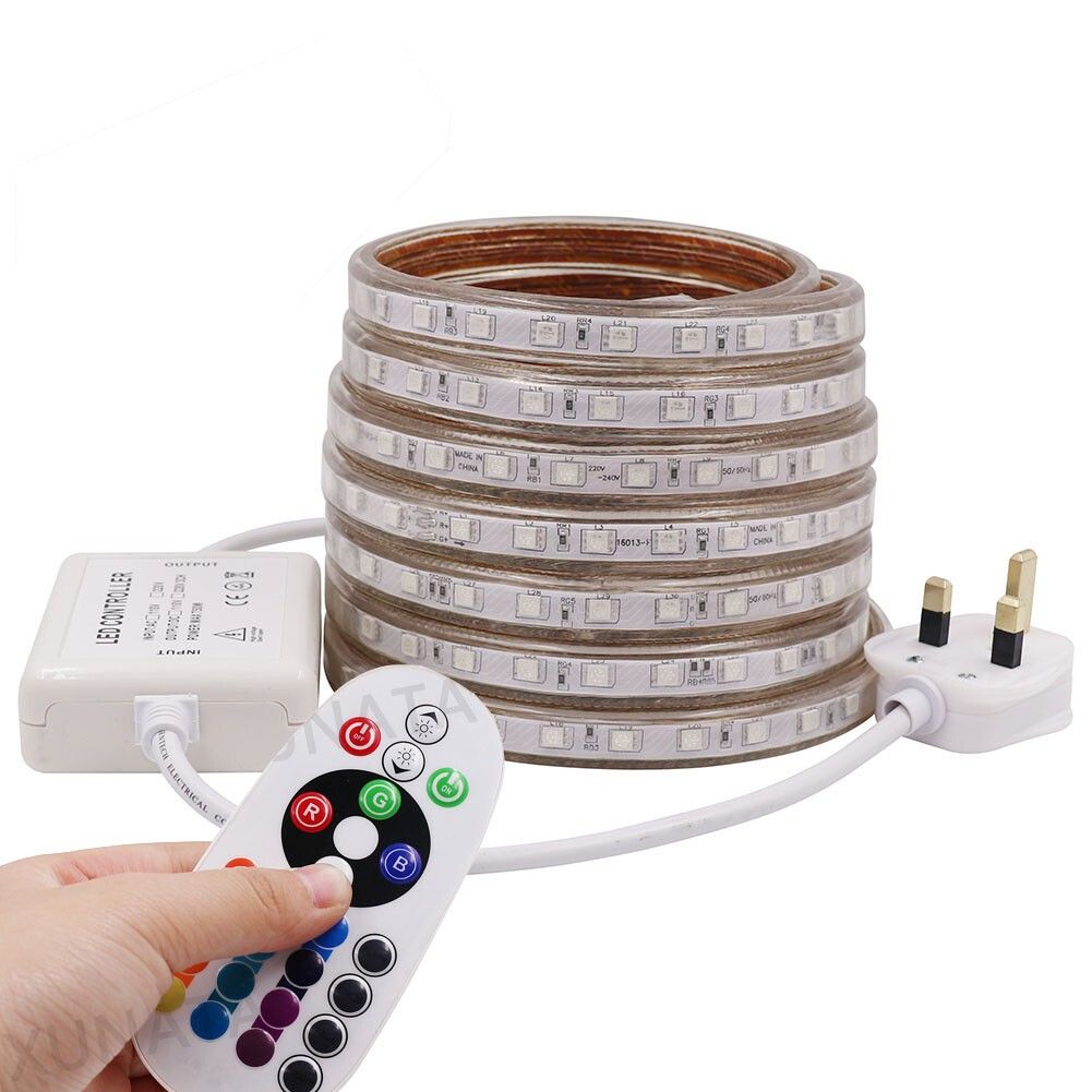 Dimmable 5050 SMD RGB LED Strip Rope Tape 220V Waterproof IP67 UK Plug + Remote_voghion.com