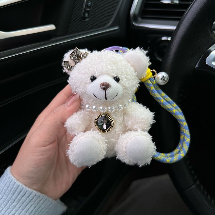Chaveiro de carro com pingente de urso de pelúcia fofo e adorável com laço de pérola e decoração de coração, enfeite de boneca pequena_voghion.com