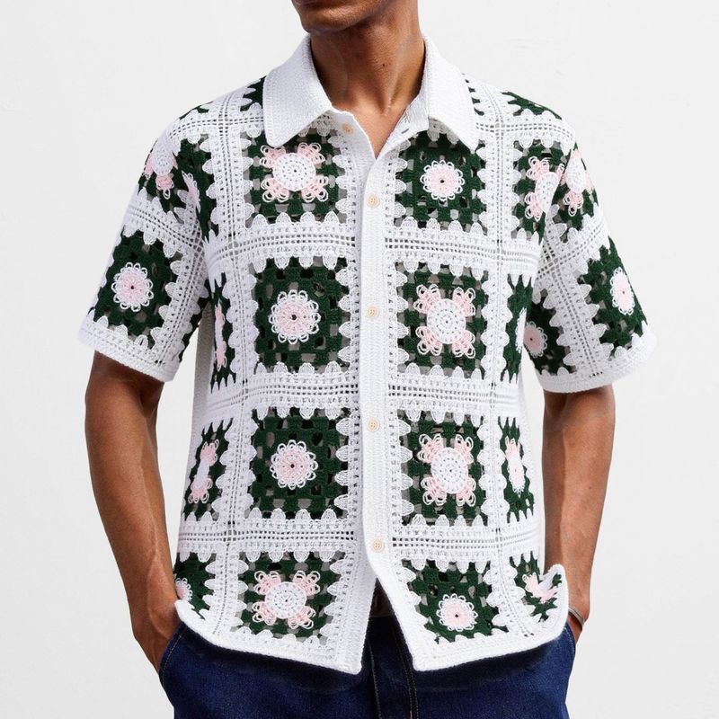 Herrenbekleidung Retro Häkelpullover Lässiges Vielseitiges Hohles Kurzarm-Strickhemd_voghion.com