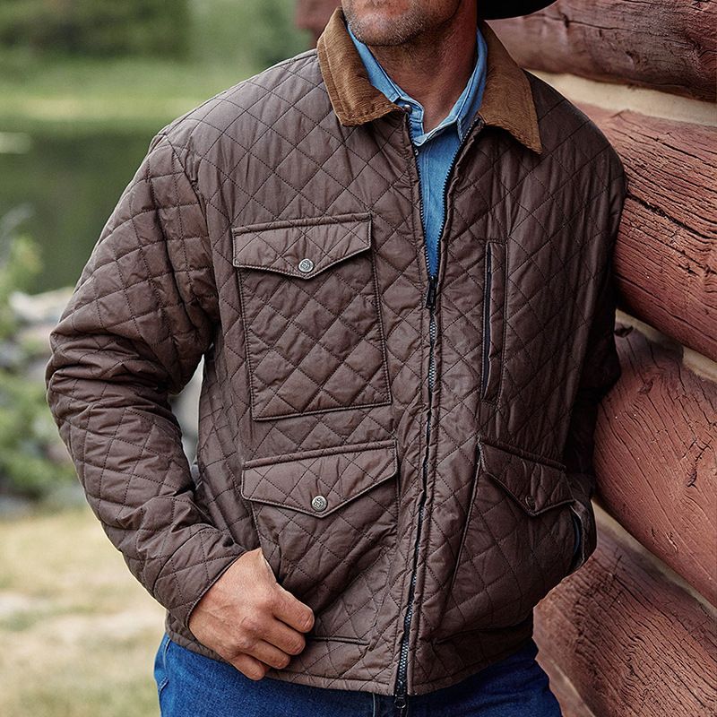 ​Gesteppte Winterjacke für Herren im Vintage-Stil mit Rautenstich-Design, warmer, mit Fleece gefütterter Mantel mit mehreren Taschen und Stehkragen​_voghion.com