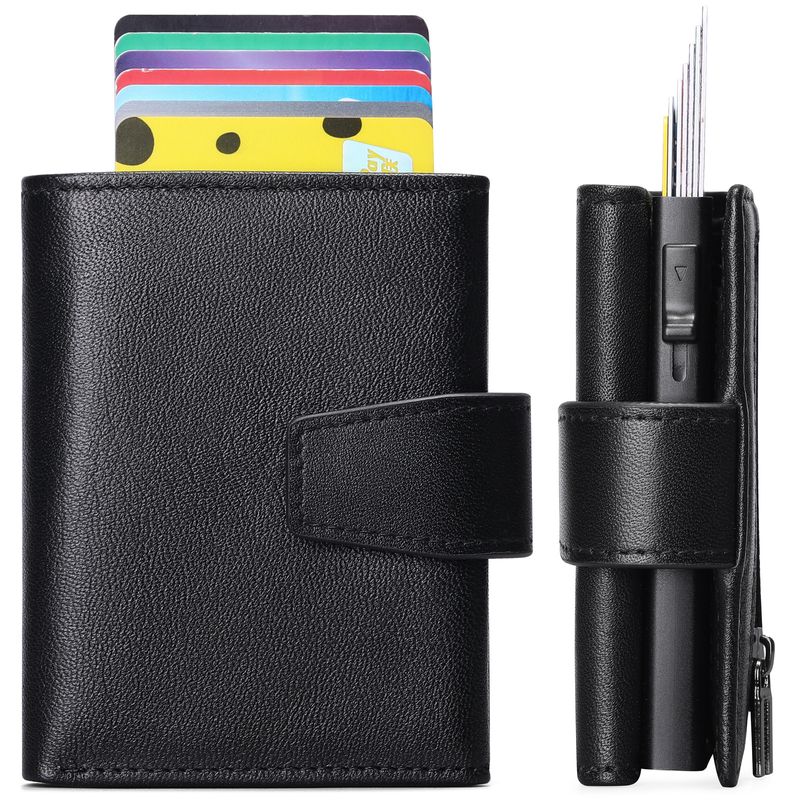 Portafoglio da uomo in pelle con strato superiore in pelle di mucca, porta carte automatico in lega di alluminio, fermasoldi multifunzionale da uomo_voghion.com