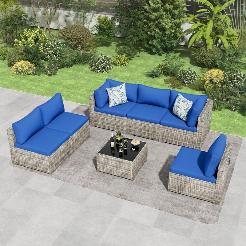 7 Pieces Outdoor Patio Furniture Set, Wicker Patio Conversation Sectional Sofa Set, All Weather PE Rattan Sofa With Glass Table And Cushions_voghion.com