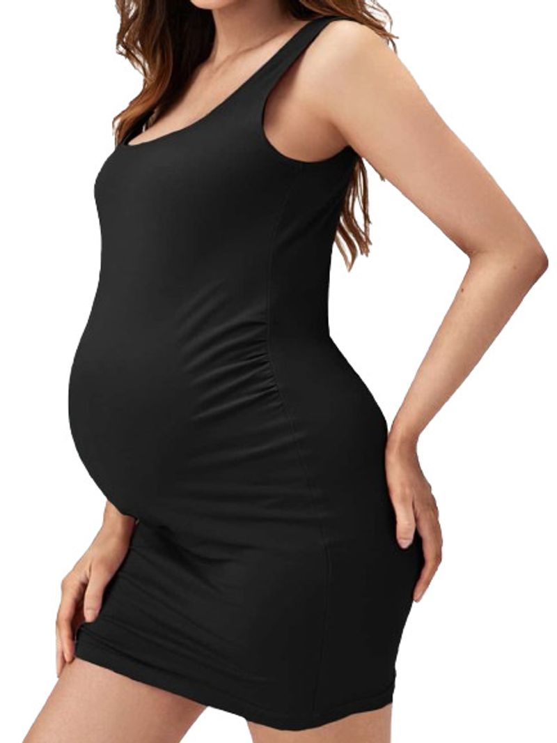 Women's Clothing Hip Wrapped Square Collar Waist Sleeveless Slim Solid Color Pregnant Belly Dress_voghion.com