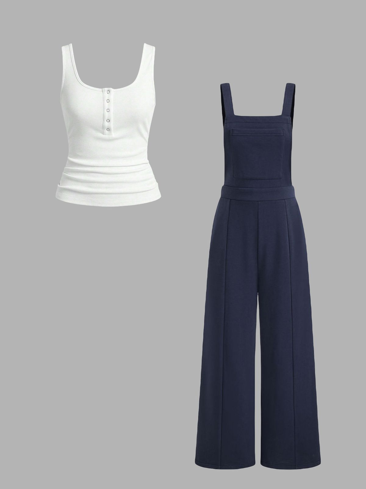 Damenbekleidung 2-teiliges Damen-Set, einfarbig, Weste, Oberteil, Hosenträger, Hose mit weitem Bein, Alltag, Freizeit_voghion.com