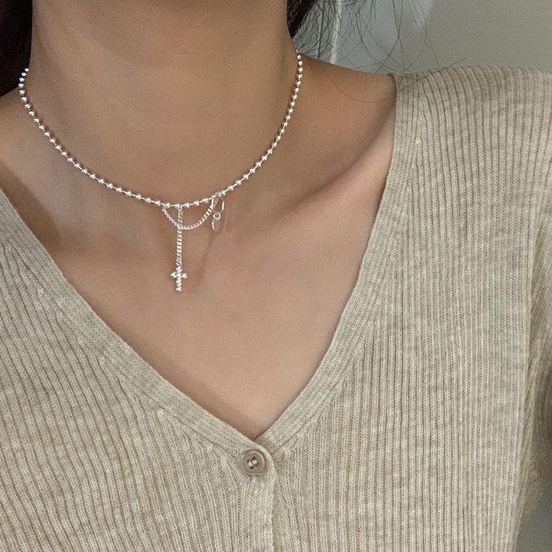 Sterli VENUS  Sie Bead Cross Tassels Necklace For Women Girl Simple Choker Korean Jewelry Birthday Gift_voghion.com