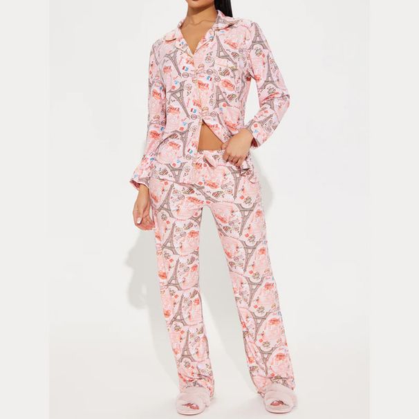 Completo pantalone kawaii in modal da donna – Set camicetta e pantaloni a maniche lunghe con bottoni (S-XXL, stampa anime, traspirante, rosa/lavanda/carne)_voghion.com