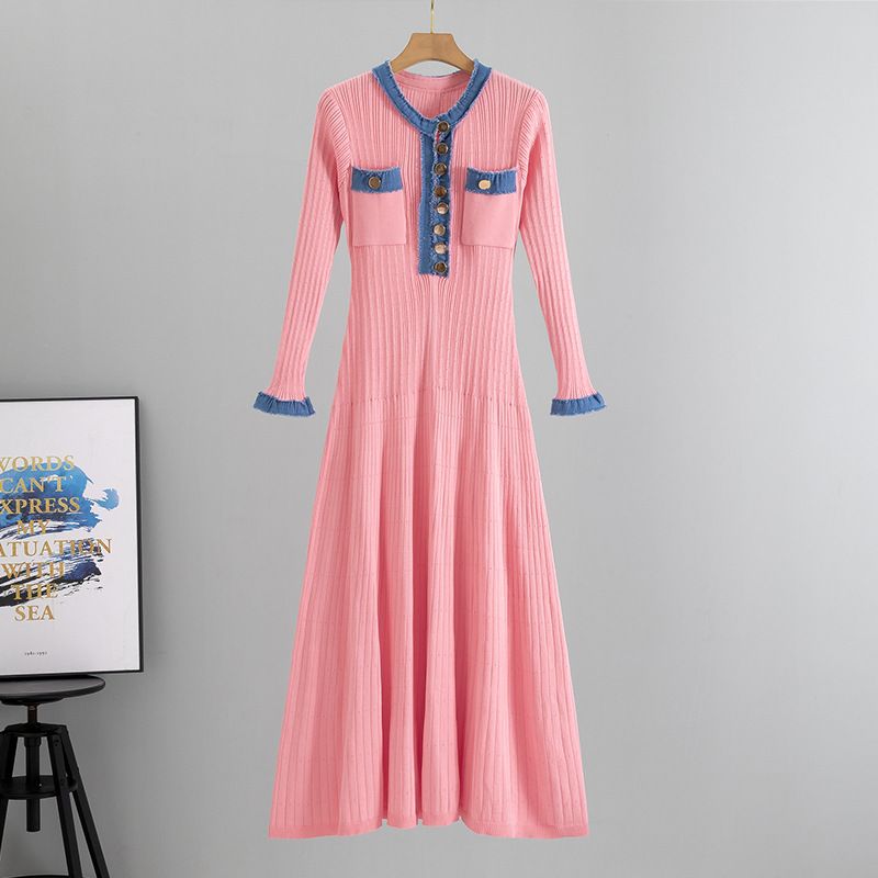 Vêtements pour femmes Printemps et automne Vêtements pour femmes Tempérament Slim Denim Splicing Contrast Color Robe à manches longues_voghion.com