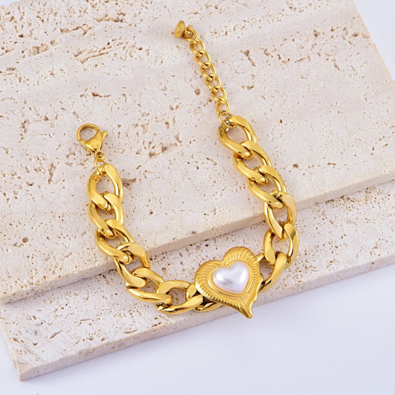 Bracelet épais en forme de cœur avec perles à la mode, bijoux de costume, collier de clavicule, boucles d'oreilles en acier titane, ne se décolore pas_voghion.com