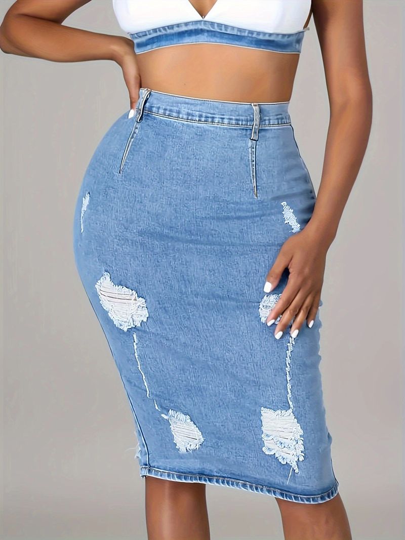 Gonna di jeans da donna gonna sottile gonna di denim divisa fasciata sui fianchi di colore chiaro_voghion.com