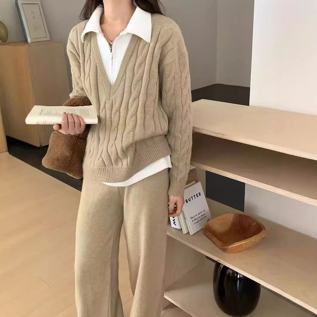 Abbigliamento da donna Set polo in maglia da donna - Top in maglia a trecce e pantaloni a gamba larga, due pezzi_voghion.com