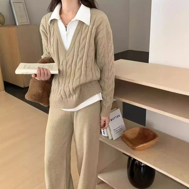 Abbigliamento da donna Set polo in maglia da donna - Top in maglia a trecce e pantaloni a gamba larga, due pezzi_voghion.com