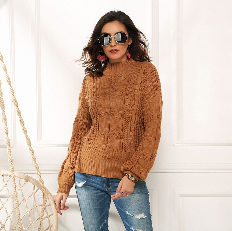 Maglione da donna lavorato a trecce a maniche lunghe di colore fluorescente, maglione pullover a collo alto e mezzo collo alto da donna_voghion.com