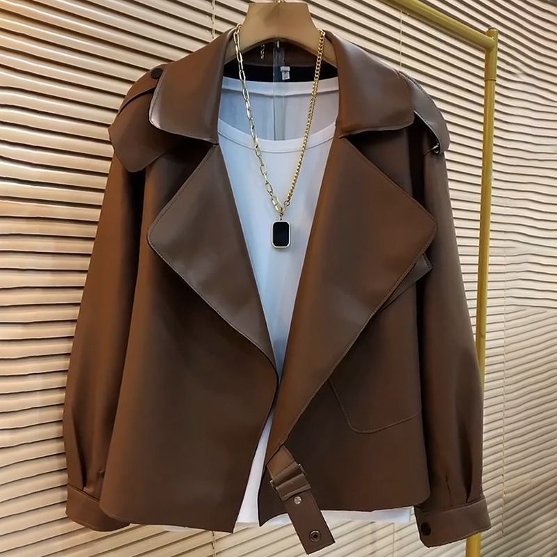Kurze Blazerjacke für Damen – Kunstledermantel mit Revers für kleine bis große Größen, stilvoll und vielseitig für Frühling und Herbst_voghion.com