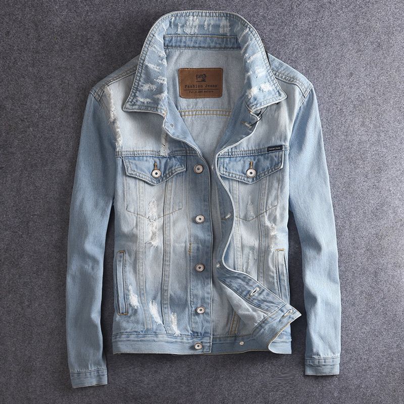 Herrenbekleidung Einteiliges Drop Shipping Herbst Neue Herren Retro Jeansjacke Helle Farbe Loch Slim Fit Kleidung Koreanischer Stil Jeansjacke_voghion.com