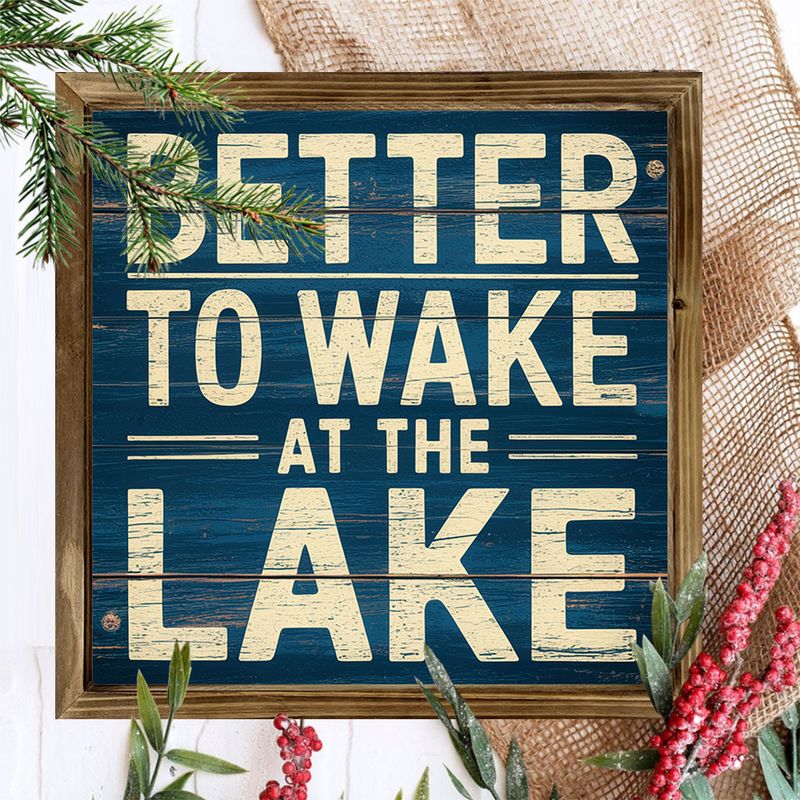 Panneau rustique en bois « Au bord du lac, mieux vaut se réveiller au bord du lac » – 20 x 20 cm avec cadre, idéal pour la décoration d'une maison de campagne, d'un bureau ou d'une salle de bain, idéal comme cadeau de Noël._voghion.com