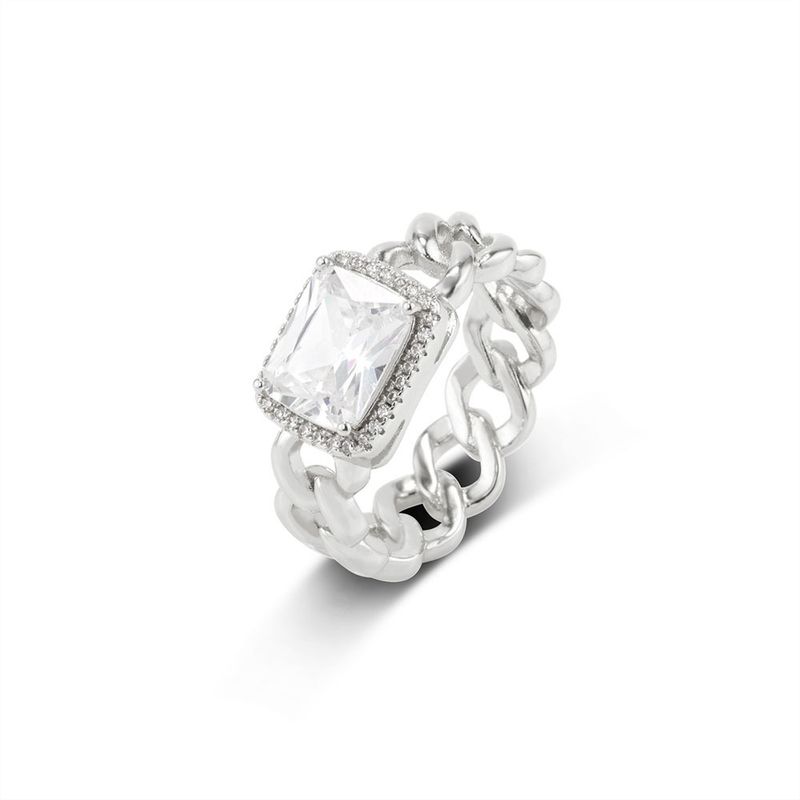 Anello alla moda in argento con catena cubana, micro pavé, geometrico, rettangolare, zircone, da uomo e da donna, tendenza primavera_voghion.com