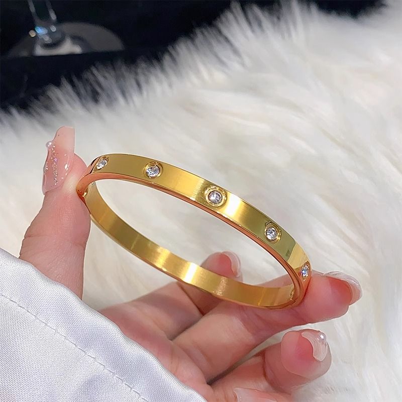 Gold Titanium Steel Bracelet For Women, High-End Zircon Couple Light Luxury Simple Circle Bracelet, New Fashion Jewelry_voghion.com
