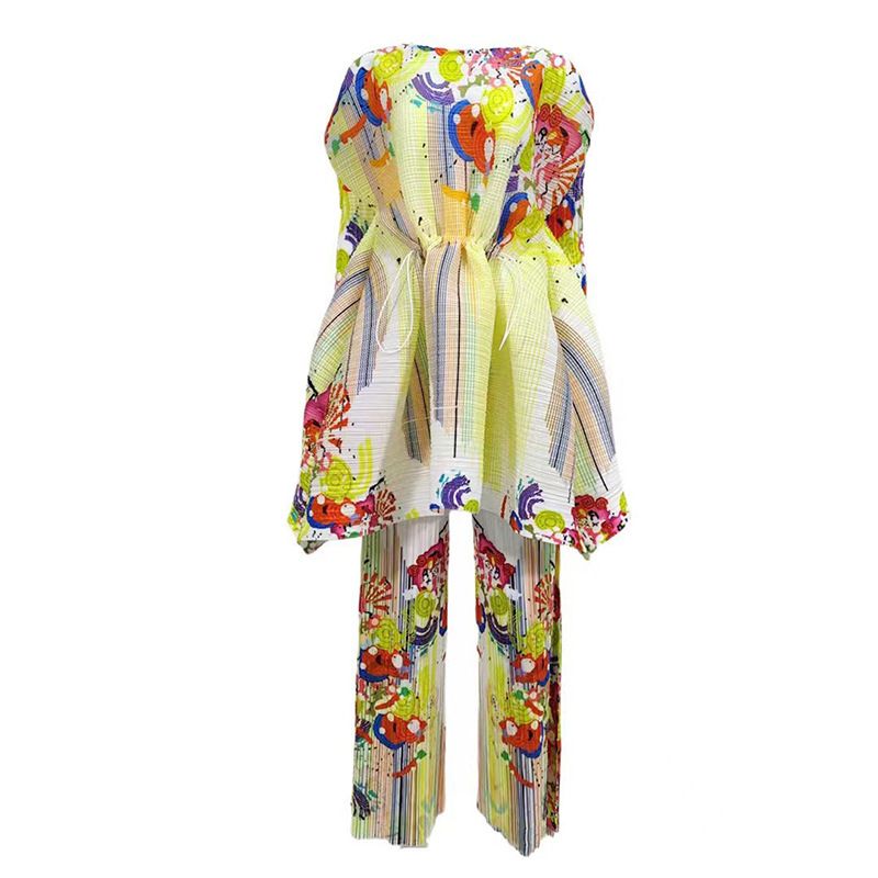 Women's Clothing Fashion Suits Miyaki Printed Loose Tops Wide Leg Pants Foreign Trade Miyake Pleated Women's Clothing_voghion.com