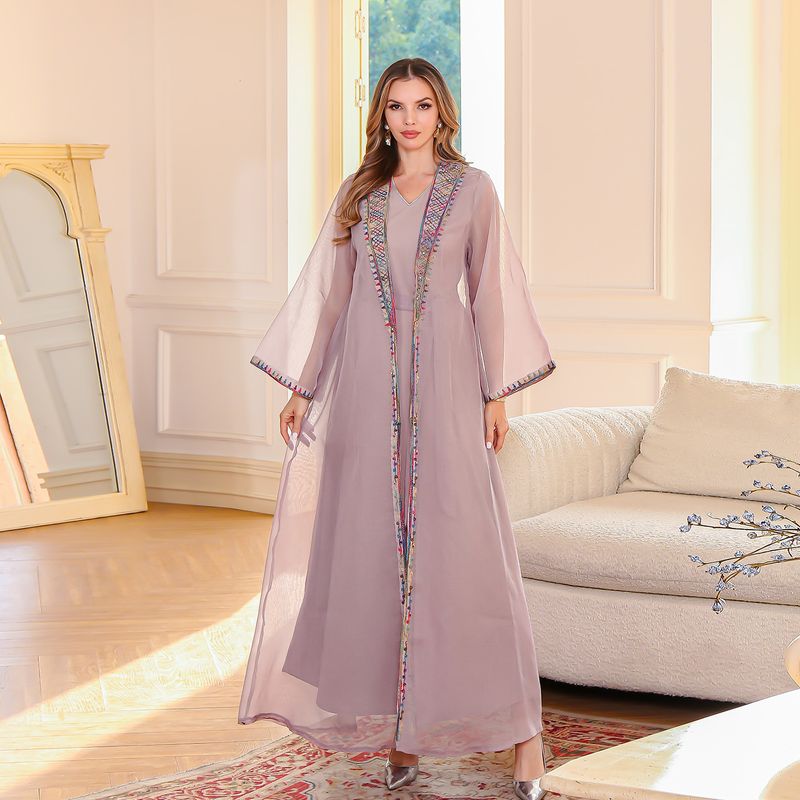 Ladies Robe Muslim Elegant Two Piece Dress Embroidered Mesh Long Skirt Abaya_voghion.com