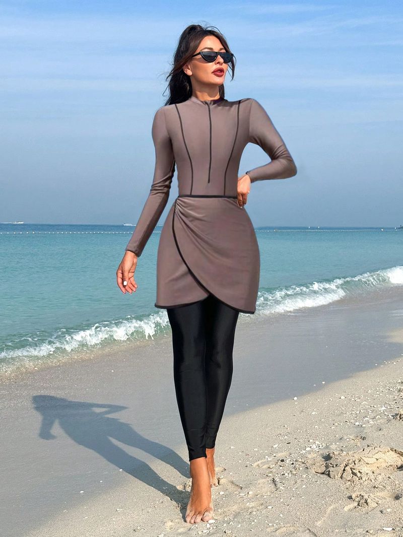 Women's Clothing Zipper Long Sleeved Trousers Conservative Suit Muslim Seaside Surfing Suit_voghion.com
