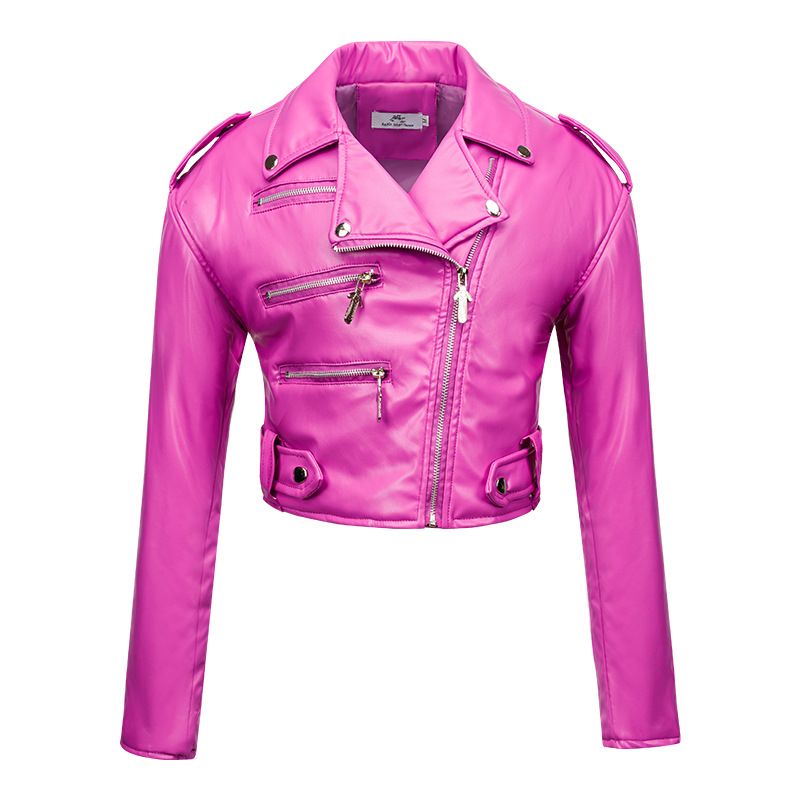 Vêtements pour femmes veste en cuir pour femme style slim court avec coton taille haute manches longues revers fermeture éclair oblique veste en cuir pu_voghion.com