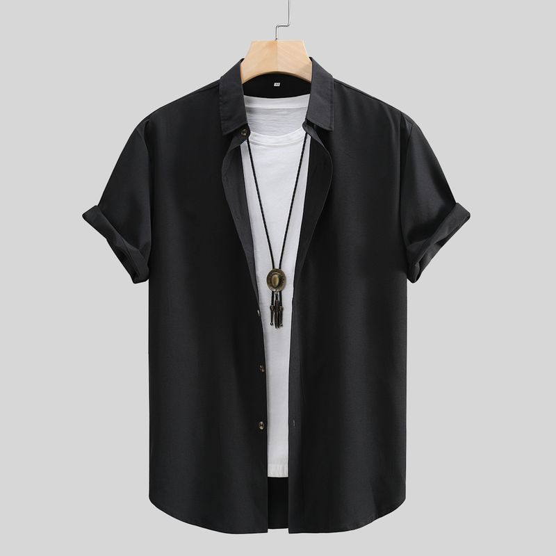 Chemise à manches courtes pour homme, couleur unie, couleur pure, extensible sur quatre côtés, été, beige, nouvelle collection transfrontalière 2024_voghion.com