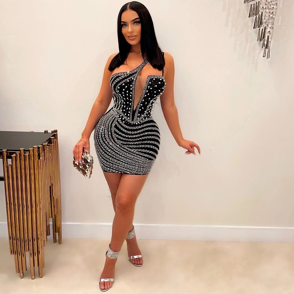 ny modell sned axel varm diamant omlott höft ärmlös klänning för kvinnor bubbla pärla stil_voghion.com