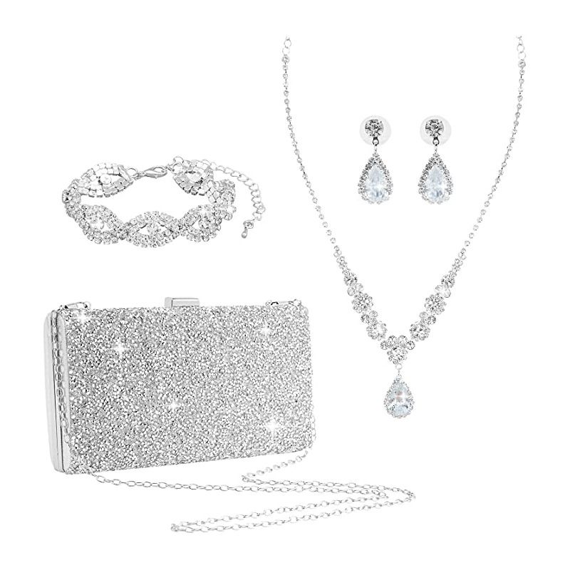 Damentaschen Brautschmuck: 4-teiliges Set bestehend aus schillernder Engels-Tropfenkette, Ohrringen und Armbändern mit Strasssteinen, quadratische Abendtasche in Form einer Box mit Diamanten_voghion.com