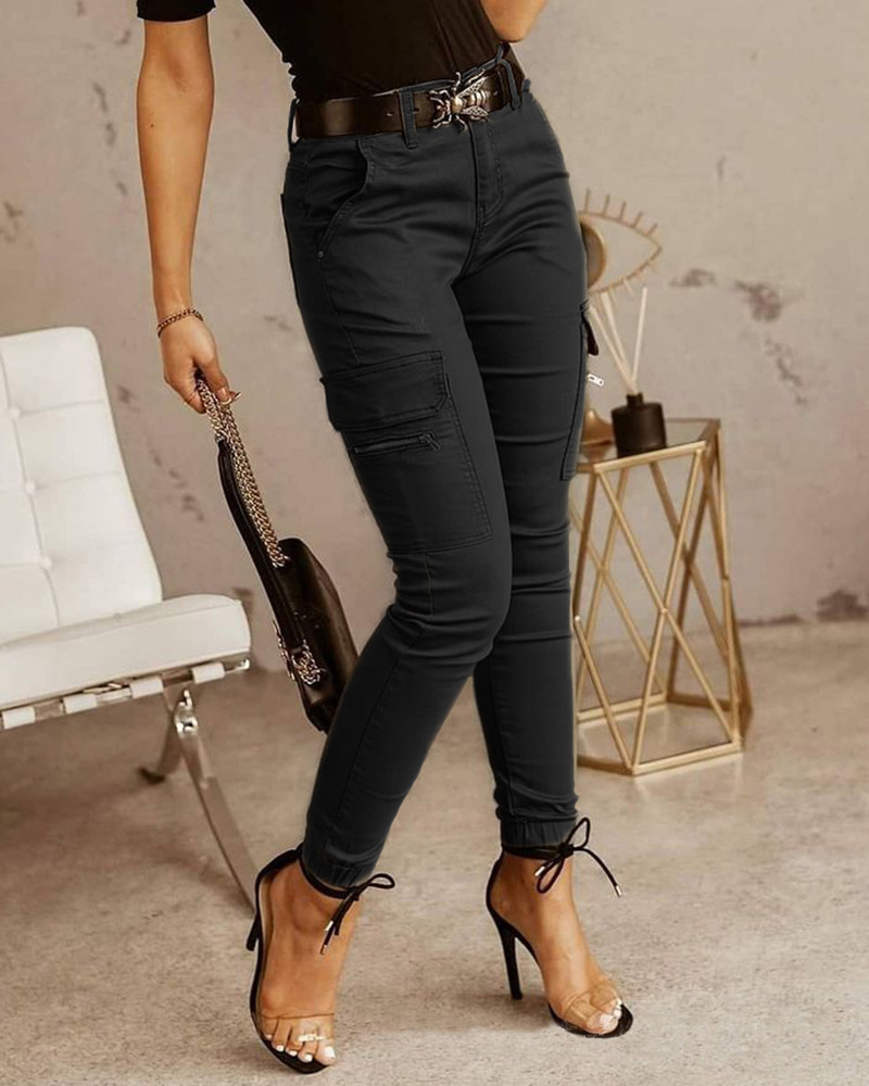 European and American women's long pants with low waisted button solid color pockets and leggings for women_voghion.com
