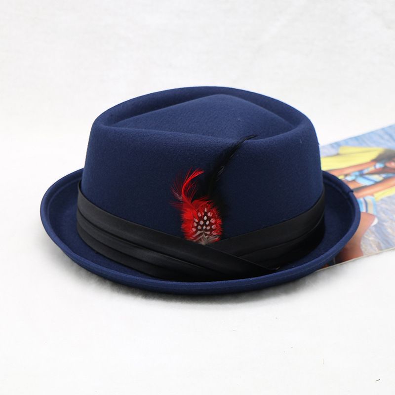  men's and women's woolen tri-fold jazz hat curly feather hat_voghion.com