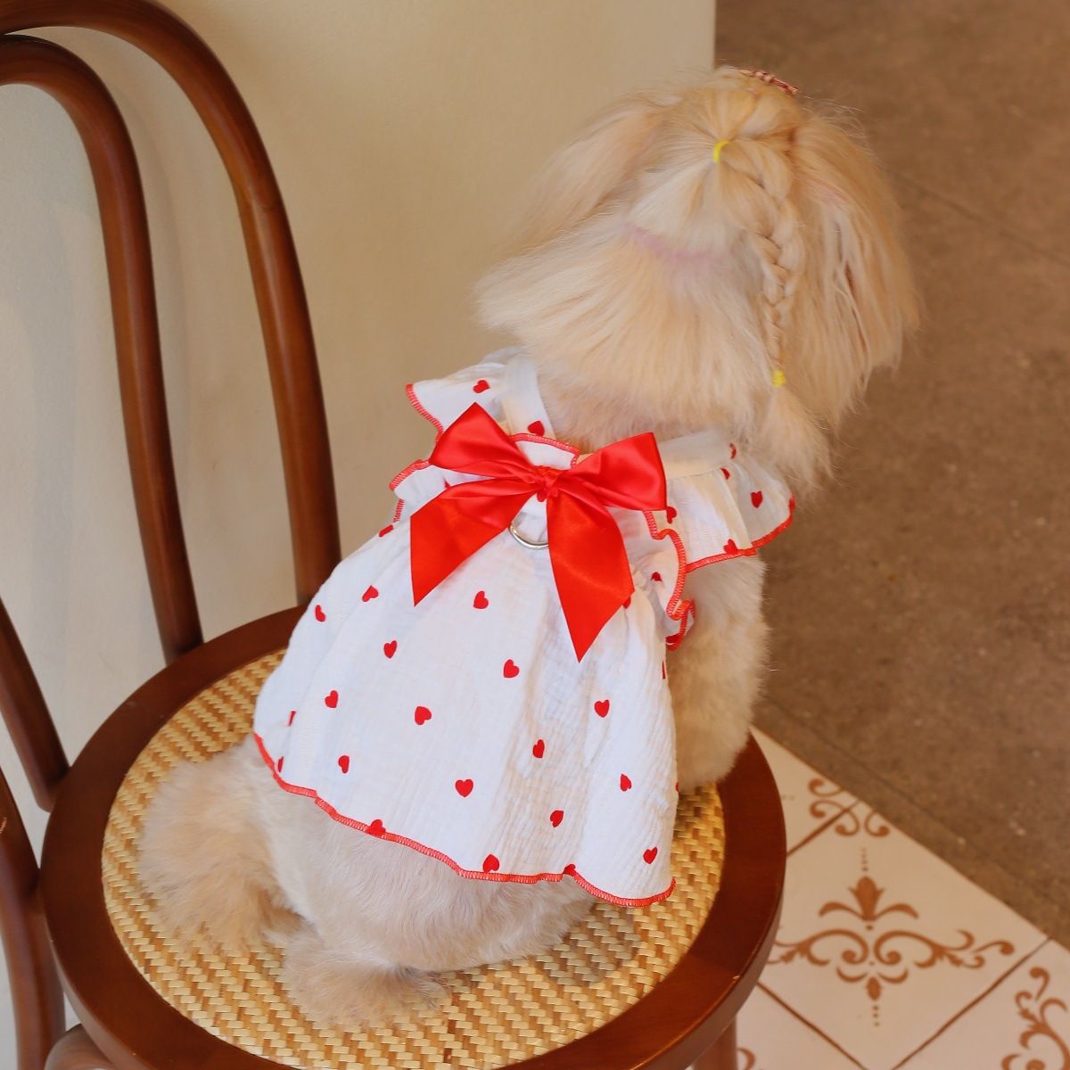 Cute Romantic Heart Strap Ruffle Dress Skin-Friendly Suitable For Small And Medium Pets Pet Apparel_voghion.com