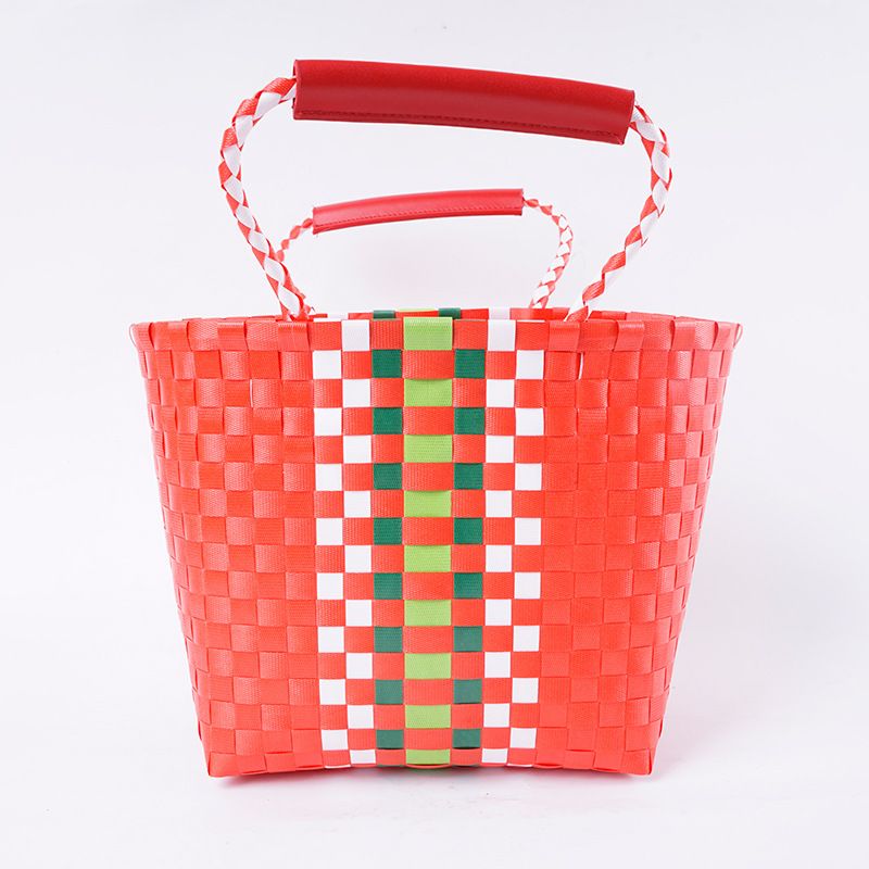 New Large Capacity Rope Handle Woven Fresh Plastic Basket Straw Beach Bag_voghion.com