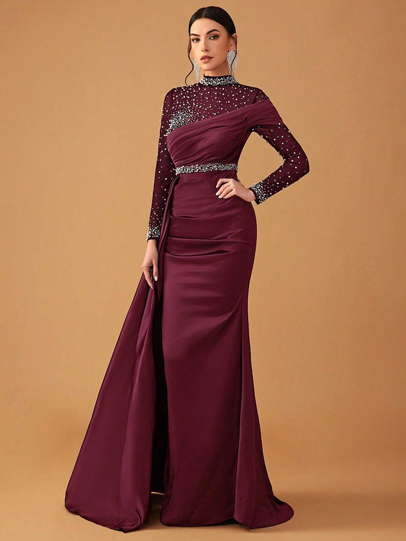 Women's Clothing New Women's Ball Gown Elegant Mesh Beaded Satin High Neck Long Sleeve Evening Dress_voghion.com